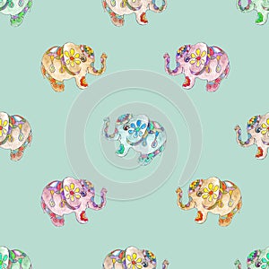 Watercolor hand drawn artistic retro Indian ornated baby elephant vintage seamless pattern