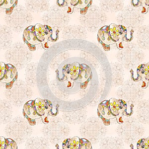 Watercolor hand drawn artistic retro Indian ornated baby elephant vintage seamless pattern