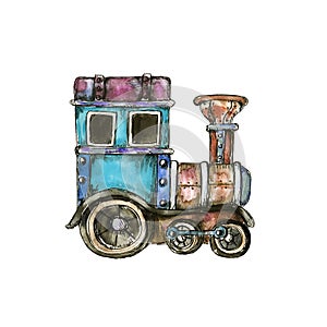 Watercolor hand drawn artistic retro steampunk vehicle vintage icon isolated on white background