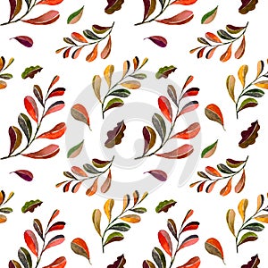 Watercolor hand drawn autumn branches in seamless pattern on white background.