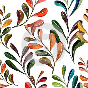 Watercolor hand drawn autumn branches in seamless pattern on white background.