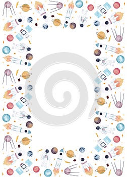 Watercolor hand drawn background  with outer space elements border rockets, stars, planets, cosmonaut, satellite etc. isolated o