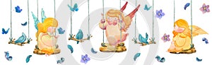 Watercolor hand drawn banner, border cute angels on a swing, birds, butterflies and flowers isolated on white background.