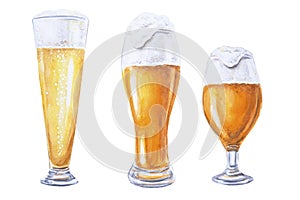 Watercolor hand drawn beer set with foam in glass mugs on a white isolated background. Light beer set. Pint of beer