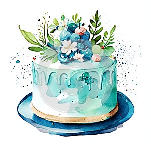 Watercolor hand drawn birthday cake