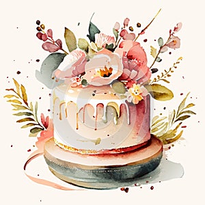 Watercolor hand drawn birthday cake