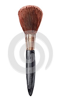 Watercolor hand drawn black makeup brush with brown hair isolated on white background