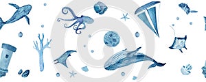 Watercolor hand-drawn blue sea creatures monochromatic multidirectional border isolated on white.