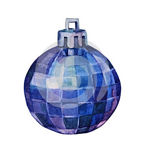 Watercolor hand-drawn blue silver shiny christmas decoration disco ball isolated on white background. Creative toy