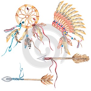 Watercolor hand drawn Boho Cliparts set, Dream Catcher illustration, Feathers Headdress, Arrows, Warbonnets