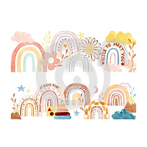 Watercolor hand drawn boho rainbow and cloud creative minimalis border. Abstract aesthetic nursery collage modern print