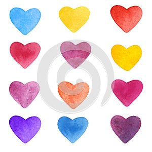 Watercolor hand drawn bright and colorful hearts elements