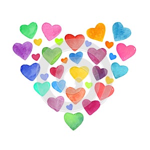Watercolor hand drawn bright and colorful hearts elements. Pink, blue, yellow, orange, violet colors used