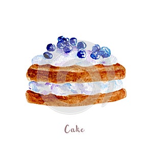 Watercolor hand drawn cake. dessert illustration on white background