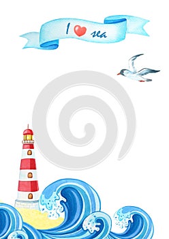 Watercolor hand drawn card with sea wave, striped Lighthouse, Seagull.Watercolour marine poster ilove sea. photo