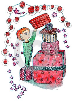 Watercolor hand drawn Christmas illustration of a child with a many gifts box on the white background