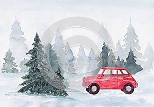 Watercolor hand drawn christmas illustration with red car in winter forest on a snowy day
