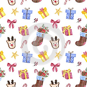 Watercolor hand drawn Christmas seamless pattern with gifts, Rudolf cookie, ribbon, star, candy cane, socks stocking on white