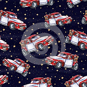 Watercolor hand drawn Christmas seamless pattern with red Santa car and golden stars on black background