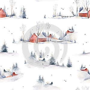 Watercolor hand drawn Christmas seamless pattern. Winter foggy landscapes, scandinavian village. Snow, red houses, trees