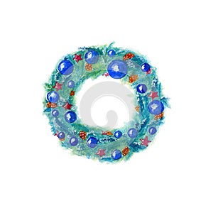 Watercolor hand drawn christmas wreath in blue color with decor isolated on white background.