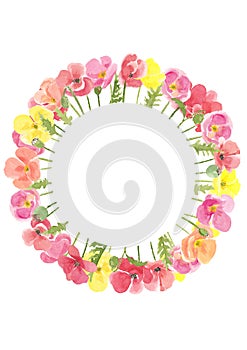 Watercolor hand drawn circle floral summer composition with multi colored wild meadow poppies flowers.