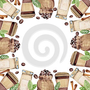 Watercolor hand drawn circle frame wreath with coffee bags, leaves, beans, cinnamon spice, jars. Isolated on white