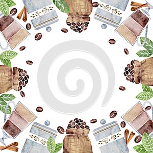 Watercolor hand drawn circle frame wreath with coffee bags, leaves, beans, cinnamon spice, jars. Isolated on white