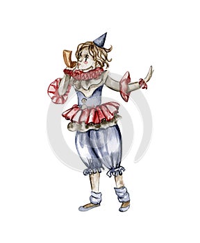 Watercolor hand drawn circus clown vintage style. Perfect for wedding, invitations, blogs, card templates, birthday and baby cards