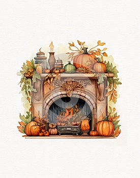 Watercolor hand drawn clipart of a mantel with autumn home decor