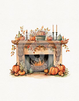 Watercolor hand drawn clipart of a mantel with autumn home decor