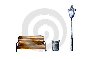 Watercolor hand drawn composition of a wooden street park bench, metal trash can, vintage street lamp isolated on white background