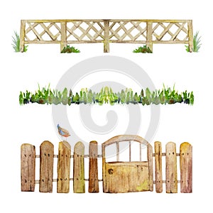 Watercolor hand drawn countryside wooden fence, meadow grass, gate and a bird, isolated on white background. Design