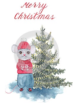 Watercolor hand drawn cute cartoon rat or mouse in red winter sweater and hat with Christmas tree