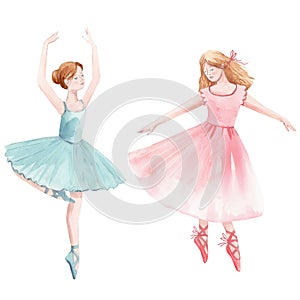 Watercolor cute dancing girls ballet nutcracker ballerina clip art isolated illustrations