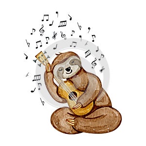 Watercolor hand drawn cute sloth with ukulele guitar isolated on white background.