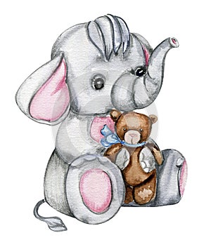 Watercolor hand drawn cute small baby elephant. African baby animal for baby shower party, birthday, cake, holiday celebration