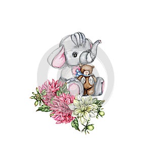 Watercolor hand drawn cute small baby elephant with dahlia flowers composition. African baby animal for baby shower party design,