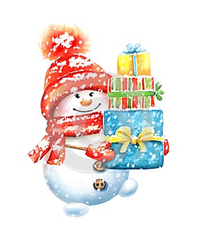 Watercolor hand drawn cute Snowman in red hat and mittens carrying present boxes