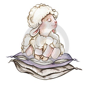 Watercolor hand drawn cute white fluffy sheep sitting on the soft pillow. Illustration of farm baby animal.Perfect for wedding