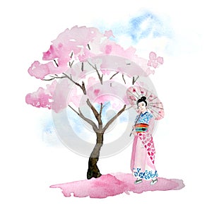 Watercolor hand drawn design illustration of pink cherry sakura tree in bloom blossom flowers, woman geisha in kimono