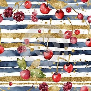 Watercolor hand drawn doodle berries and cherries striped pattern background illustration. Textured painting stripes with gold