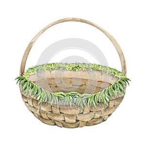 Watercolor hand drawn Easter celebration clipart. Beige basket for eggs and flowers. Isolated object on white background