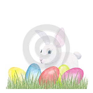 Watercolor hand drawn Easter composition with white rabbit and multi colored eggs on spring green grass isolated on white backgrou