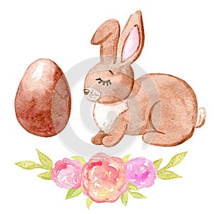 Watercolor hand drawn easter set with brown bunny and egg and flowers isolated on white background