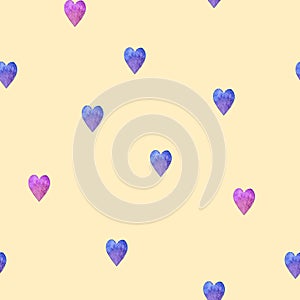 Watercolor hand drawn endless pattern with random isolated pink and violet hearts on pale orange.Valentine\'s Day