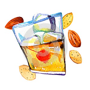 Watercolor hand drawn expressive illustration with glass of amaretto liquor and almonds