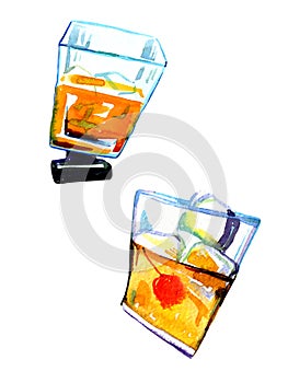 Watercolor hand drawn expressive illustration with two glasses of amaretto liquor