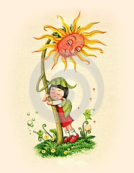 Watercolor hand drawn fairytale sunflower and child