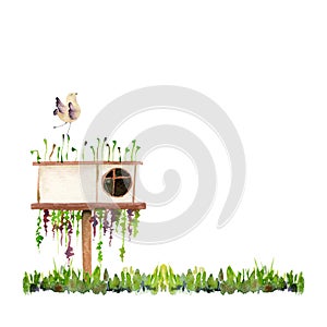 Watercolor hand drawn fantasy bird and a birdhouse with flowers and plants on grass, isolated on white background